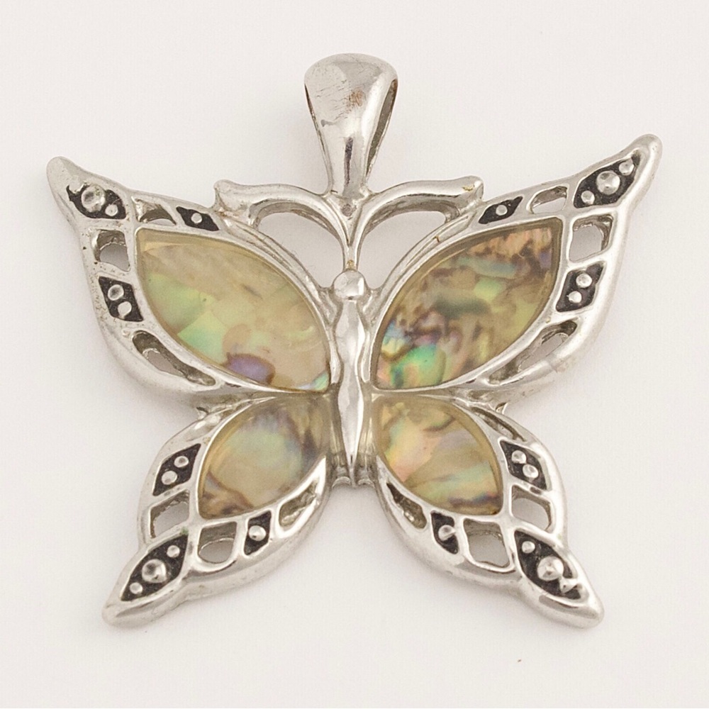 Abalone Shell Inlay Butterfly Necklace Pendant Silver Tone